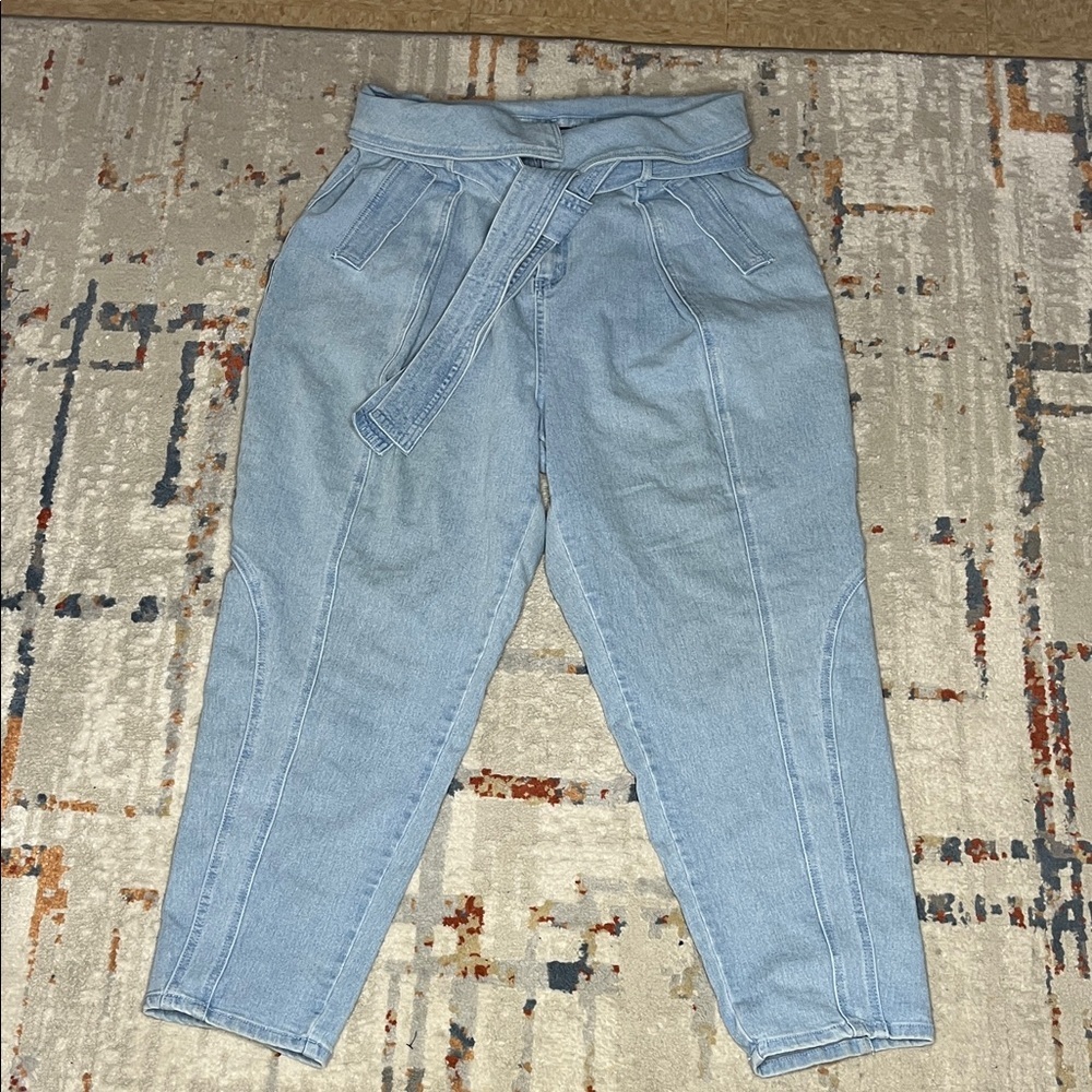 Fashion Nova Light Blue High-Rise Paperbag Jeans with Tie Belt